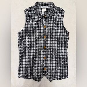 Vintage Cottage Core Gingham Embroidered Button Down Sleeveless Top